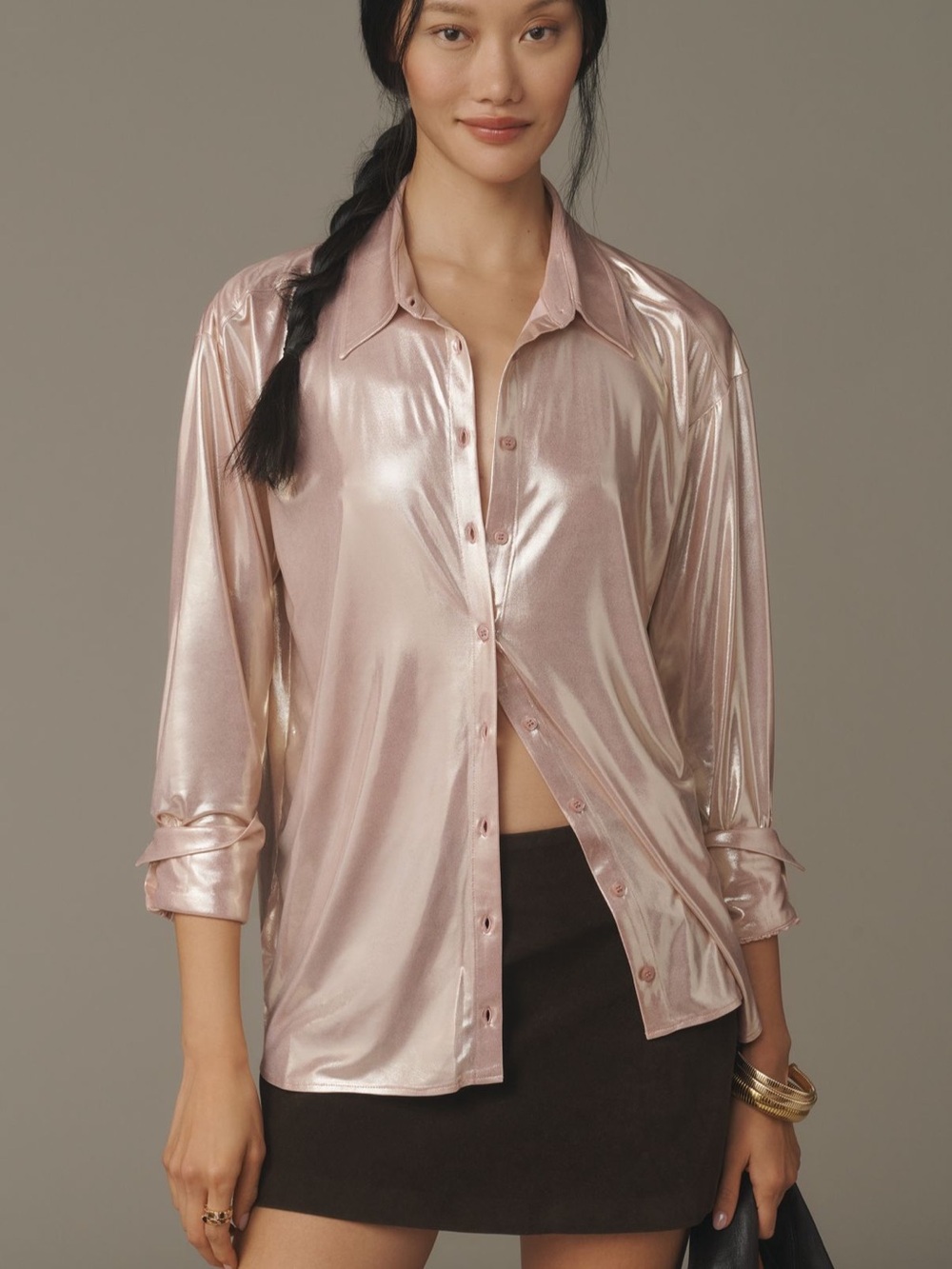 By Anthropologie Shine Button Down Shirt Metallic Silver Pink XS NWT